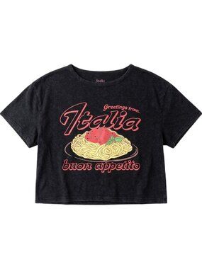 Studio 33 Women’s Italy Pasta Graphic Crop Top Tee Black Vintage Wash Shirt S-XL